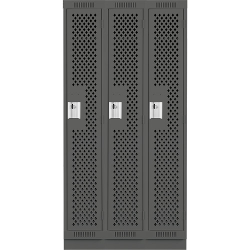 Clean Line Lockers, Bank of 3, 36" x 15" x 76", Steel, Charcoal, Rivet (Assembled), Perforated Rideout Tool & Machine Inc.