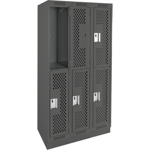 Clean Line Lockers, 2 -tier, Bank of 3, 36" x 18" x 76", Steel, Charcoal, Rivet (Assembled), Perforated Rideout Tool & Machine Inc.