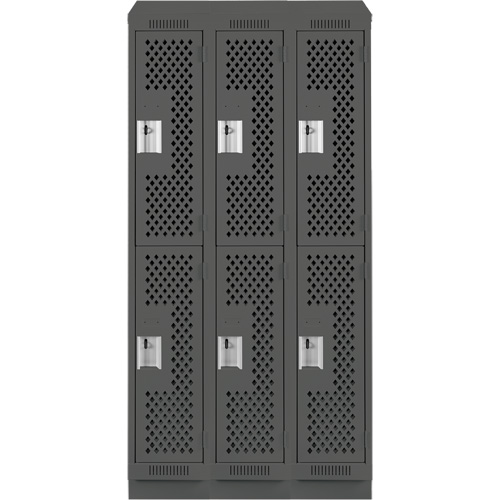 Clean Line Lockers, 2 -tier, Bank of 3, 36" x 12" x 82", Steel, Charcoal, Rivet (Assembled), Perforated Rideout Tool & Machine Inc.