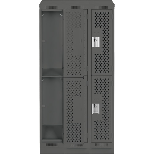 Clean Line Lockers, 2 -tier, Bank of 3, 36" x 12" x 82", Steel, Charcoal, Rivet (Assembled), Perforated Rideout Tool & Machine Inc.