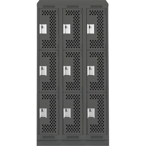 Clean Line Lockers, 3 -tier, Bank of 3, 36" x 18" x 82", Steel, Charcoal, Rivet (Assembled), Perforated Rideout Tool & Machine Inc.