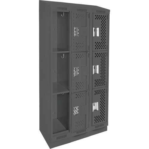 Clean Line Lockers, 3 -tier, Bank of 3, 36" x 18" x 82", Steel, Charcoal, Rivet (Assembled), Perforated Rideout Tool & Machine Inc.