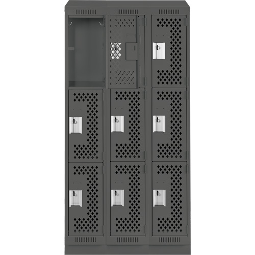Clean Line Lockers, 3 -tier, Bank of 3, 36" x 18" x 82", Steel, Charcoal, Rivet (Assembled), Perforated Rideout Tool & Machine Inc.