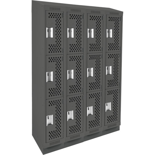 Clean Line Lockers, 3 -tier, Bank of 4, 48" x 18" x 82", Steel, Charcoal, Rivet (Assembled), Perforated Rideout Tool & Machine Inc.