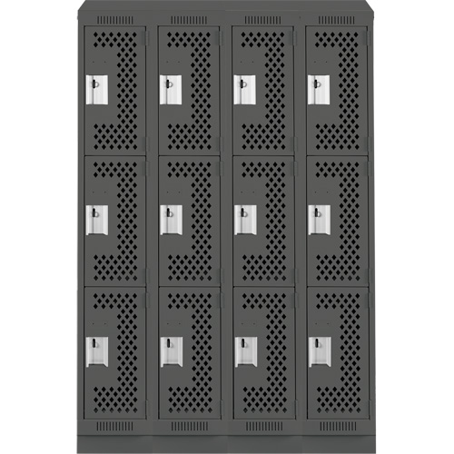 Clean Line Lockers, 3 -tier, Bank of 4, 48" x 18" x 82", Steel, Charcoal, Rivet (Assembled), Perforated Rideout Tool & Machine Inc.