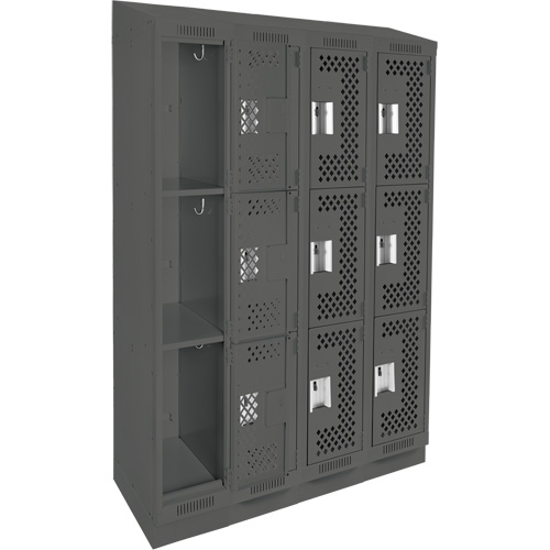 Clean Line Lockers, 3 -tier, Bank of 4, 48" x 18" x 82", Steel, Charcoal, Rivet (Assembled), Perforated Rideout Tool & Machine Inc.