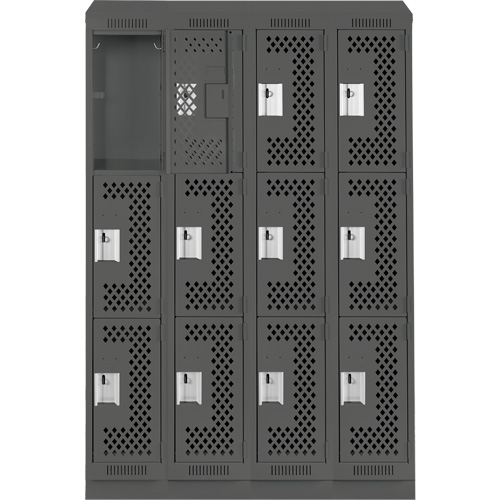 Clean Line Lockers, 3 -tier, Bank of 4, 48" x 18" x 82", Steel, Charcoal, Rivet (Assembled), Perforated Rideout Tool & Machine Inc.