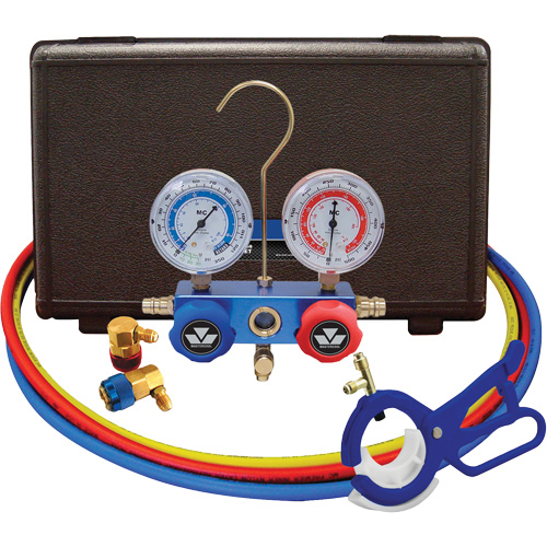 Jeu de manom&egrave;tres collecteurs &agrave; deux voies R134A pour automobile avec coupleurs et robinet perce-canette lat&eacute;rale 3-en-1 Rideout Tool & Machine Inc.
