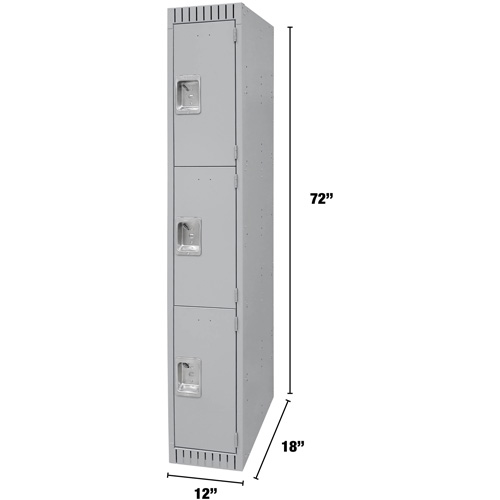 Lockers, 3 -tier, 12" x 18" x 72", Steel, Grey, Knocked Down Rideout Tool & Machine Inc.
