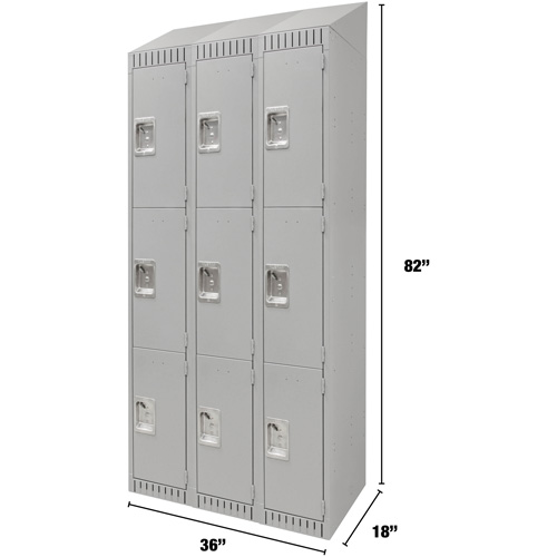 Lockers, 3 -tier, Bank of 3, 36" x 18" x 82", Steel, Grey, Knocked Down Rideout Tool & Machine Inc.
