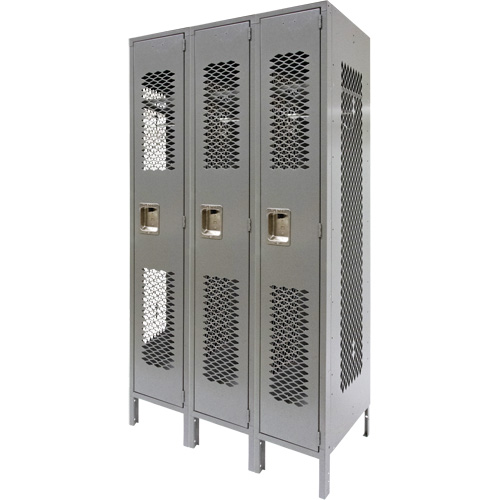 Vented Lockers, Bank of 3, 36" x 18" x 78", Steel, Grey, Knocked Down, Perforated Rideout Tool & Machine Inc.