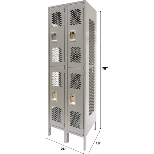 Vented Lockers, 2 -tier, Bank of 2, 24" x 18" x 78", Steel, Grey, Knocked Down, Perforated Rideout Tool & Machine Inc.