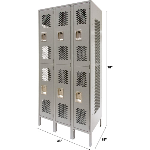 Vented Lockers, 2 -tier, Bank of 3, 36" x 18" x 78", Steel, Grey, Knocked Down, Perforated Rideout Tool & Machine Inc.