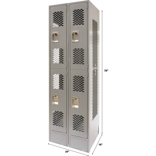 Vented Lockers, 2 -tier, Bank of 2, 24" x 18" x 78", Steel, Grey, Knocked Down, Perforated Rideout Tool & Machine Inc.