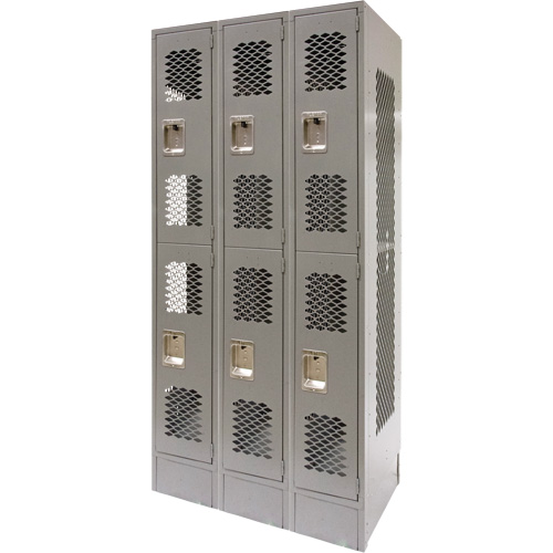 Vented Lockers, 2 -tier, Bank of 3, 36 x 18" x 78", Steel, Grey, Knocked Down, Perforated Rideout Tool & Machine Inc.