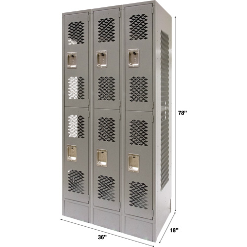 Vented Lockers, 2 -tier, Bank of 3, 36 x 18" x 78", Steel, Grey, Knocked Down, Perforated Rideout Tool & Machine Inc.