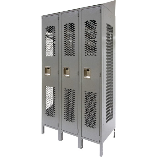 Vented Lockers, Bank of 3, 36" x 18" x 88", Steel, Grey, Knocked Down, Perforated Rideout Tool & Machine Inc.