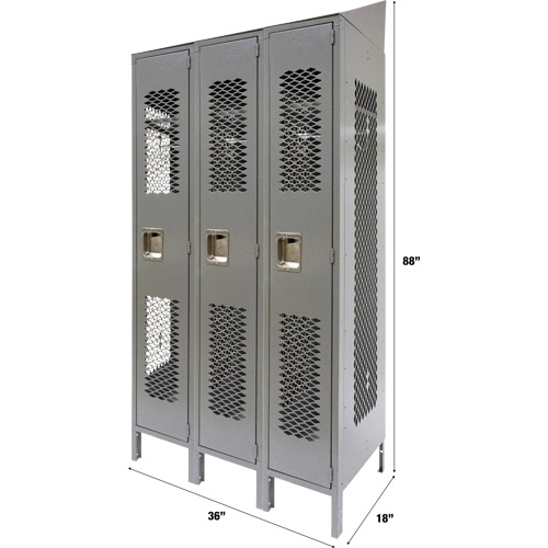 Vented Lockers, Bank of 3, 36" x 18" x 88", Steel, Grey, Knocked Down, Perforated Rideout Tool & Machine Inc.