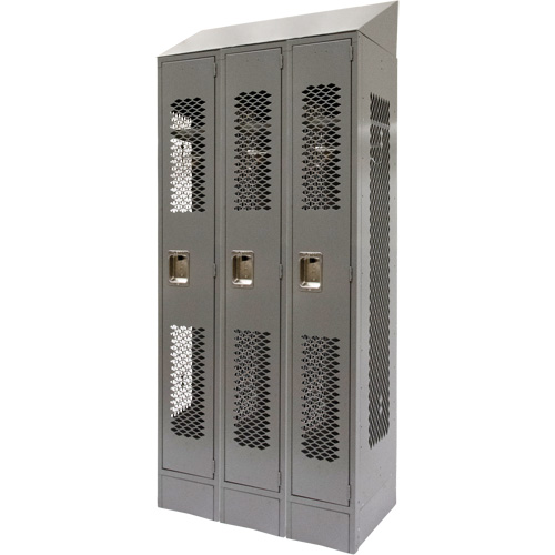 Vented Lockers, Bank of 3, 36 x 18" x 88", Steel, Grey, Knocked Down, Perforated Rideout Tool & Machine Inc.