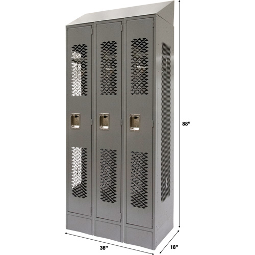 Vented Lockers, Bank of 3, 36 x 18" x 88", Steel, Grey, Knocked Down, Perforated Rideout Tool & Machine Inc.