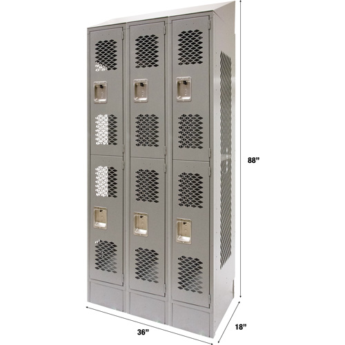Vented Lockers, 2 -tier, Bank of 3, 36 x 18" x 88", Steel, Grey, Knocked Down, Perforated Rideout Tool & Machine Inc.