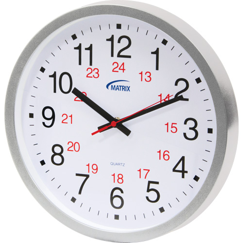 12/24 H Clock, Analog, Battery Operated, 12", Silver Rideout Tool & Machine Inc.