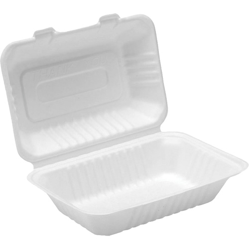 Contenants &agrave; charni&egrave;re pour nourriture compostable, Bagasse, Rectangulaire Rideout Tool & Machine Inc.