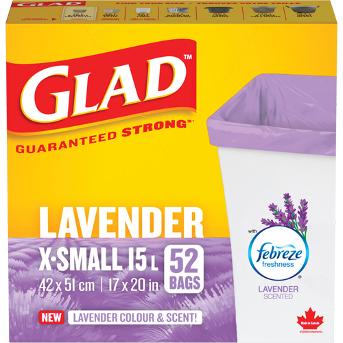 Glad&reg; Lavender Coloured & Scented Bags, Strong, 17" W x 20" L, Purple, 15 L (3.96 Gal.) Capacity Rideout Tool & Machine Inc.