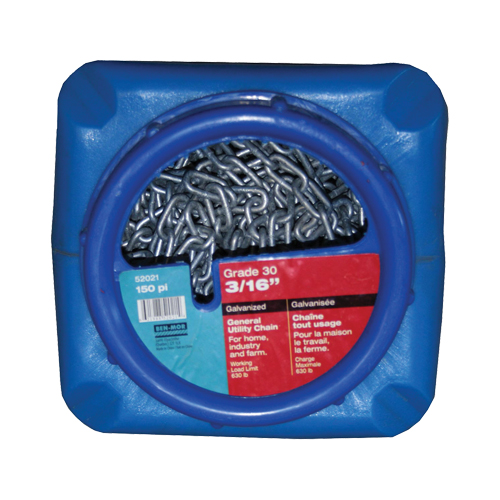 Chaînes galvanis&eacute;es par immersion &agrave; chaud, Acier au carbone, 3/16" x 150' (45,7 m) l, Calibre 30, Charge d'utilisation 630 lb (0,315 tonnes) Rideout Tool & Machine Inc.