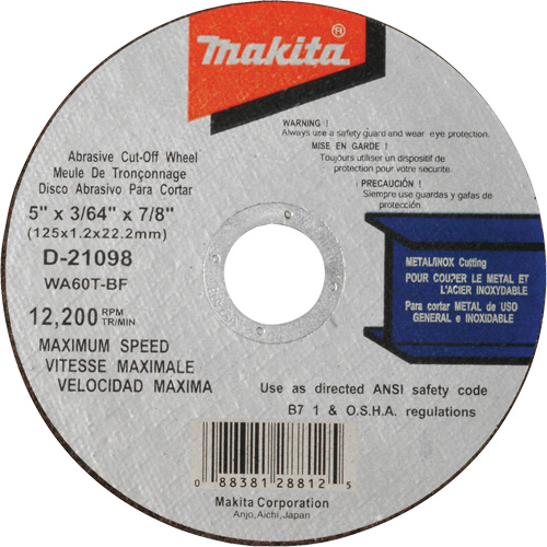 Thin Kerf Cut-Off Wheel, 5" x 3/64", 7/8" Arbor, Type 1, Aluminum Oxide, 12200 RPM Rideout Tool & Machine Inc.