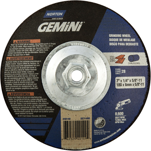 Meule soucoupes Gemini, 7" x 1/4", Arbre 5/8"-11, Oxyde d'aluminium, Type 28 Rideout Tool & Machine Inc.