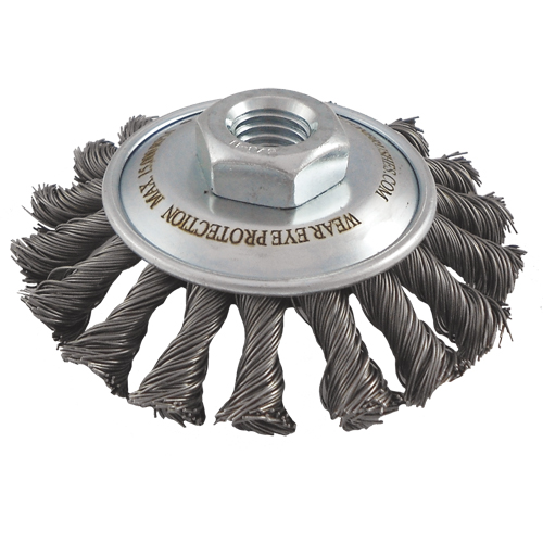 Brosses soucoupes &agrave; fils nou&eacute;s, Dia. 5", Fils 0,02", Arbre 5/8"-11, Acier Rideout Tool & Machine Inc.
