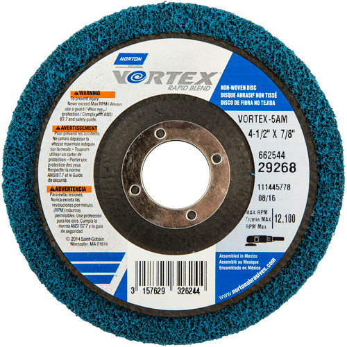 Meule non tiss&eacute;e Vortex, 4-1/2" dia. x 1/2" la, Arbre 7/8", Oxyde d'aluminium Rideout Tool & Machine Inc.