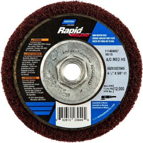 Meule abrasive non tiss&eacute;e &agrave; moyeu d&eacute;port&eacute; Rapid Blend, 4-1/2" dia., Grain 150-180, Oxyde d'aluminium Rideout Tool & Machine Inc.