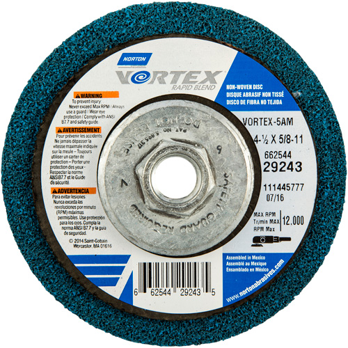 Meule abrasive non tiss&eacute;e &agrave; moyeu d&eacute;port&eacute; Vortez Rapid Blend, 4-1/2" dia., Grain 100-120, Oxyde d'aluminium Rideout Tool & Machine Inc.
