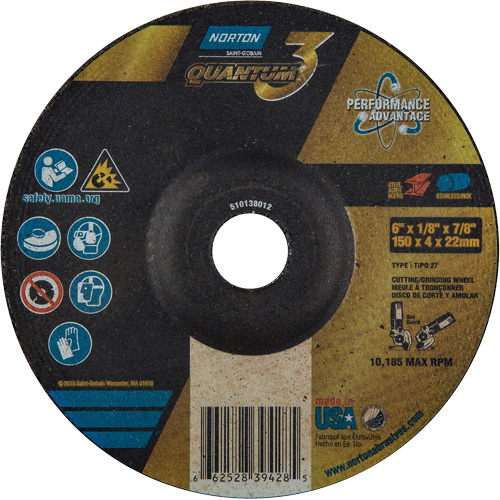 Quantum3 Grinding & Cutting Wheel, 6" x 1/8", 7/8" Arbor, Type 27, 24 Grit, Ceramic Alumina Rideout Tool & Machine Inc.