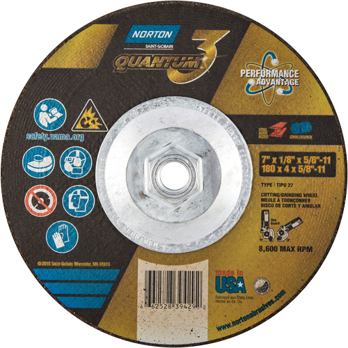 Quantum3 Grinding & Cutting Wheel, 7" x 1/8", 5/8"-11 Arbor, Type 27, 24 Grit, Ceramic Alumina Rideout Tool & Machine Inc.