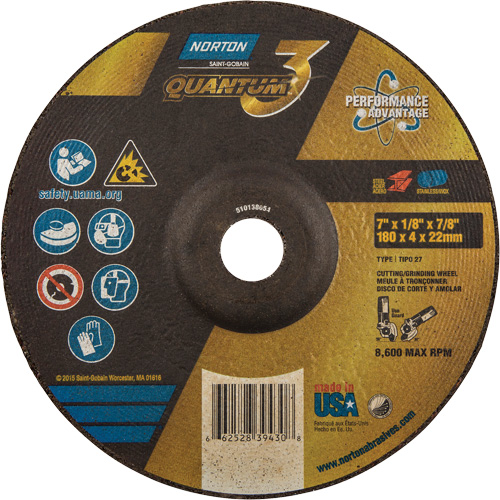 Quantum3 Grinding & Cutting Wheel, 7" x 1/8", 7/8" Arbor, Type 27, 24 Grit, Ceramic Alumina Rideout Tool & Machine Inc.