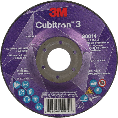 Cubitron 3 Cut & Grind Wheel, 4-1/2" x 5/32", 7/8" Arbor, Type T27, 36+ Grit, Ceramic Rideout Tool & Machine Inc.