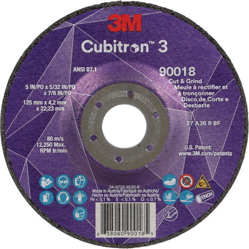 Cubitron 3 Cut & Grind Wheel, 5" x 5/32", 7/8" Arbor, Type T27, 36+ Grit, Ceramic Rideout Tool & Machine Inc.