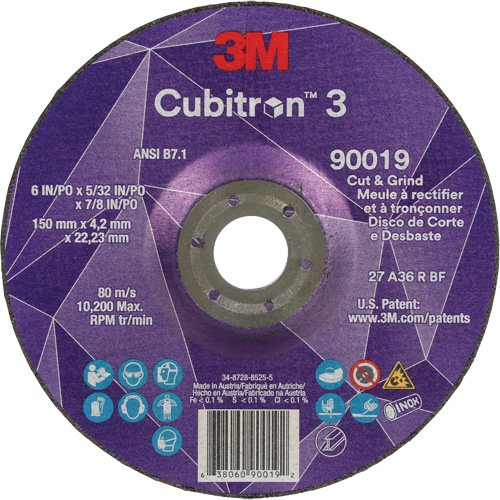Cubitron 3 Cut & Grind Wheel, 6" x 5/32", 7/8" Arbor, Type T27, 36+ Grit, Ceramic Rideout Tool & Machine Inc.