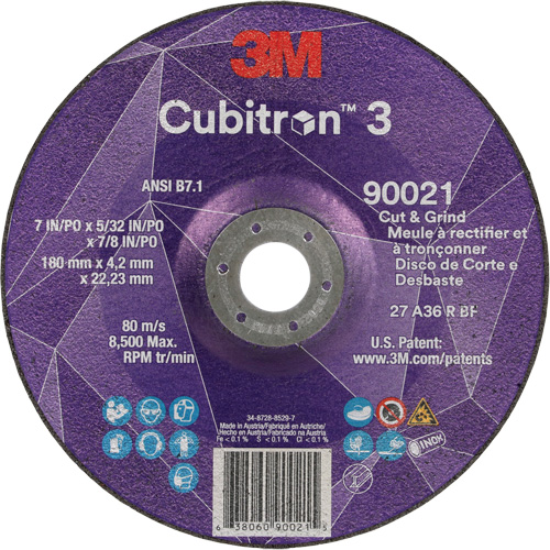 Cubitron 3 Cut & Grind Wheel, 7" x 5/32", 7/8" Arbor, Type T27, 36+ Grit, Ceramic Rideout Tool & Machine Inc.