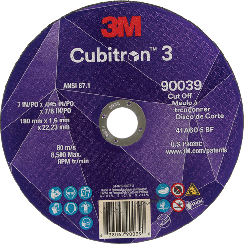 Cubitron 3 Cut-Off Wheel, 7" x 0.09", 7/8" Arbor, Type T27, Ceramic, 8500 RPM Rideout Tool & Machine Inc.