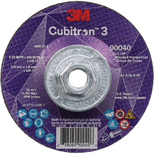 Cubitron 3 Cut-Off Wheel, 4-1/2" x 0.045", 5/8"-11 Arbor, Type T27, Ceramic, 13300 RPM Rideout Tool & Machine Inc.