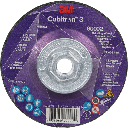 Cubitron 3 Depressed Centre Grinding Wheel, 4-1/2" x 1/4", 5/8"-11 Arbor, Ceramic, Type T27 Rideout Tool & Machine Inc.