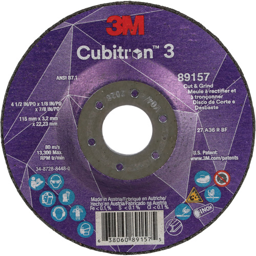 Meule &agrave; rectifier et &agrave; tronçonner Cubitron 3, 4-1/2" x 1/8", Arbre de 7/8", Type 27, Grain de 36, C&eacute;ramique Rideout Tool & Machine Inc.