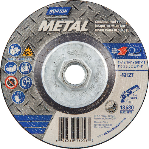 Metal Grinding Wheel, 4-1/2" x 1/4", 5/8"-11 Arbor, Aluminum Oxide, Type 27 Rideout Tool & Machine Inc.