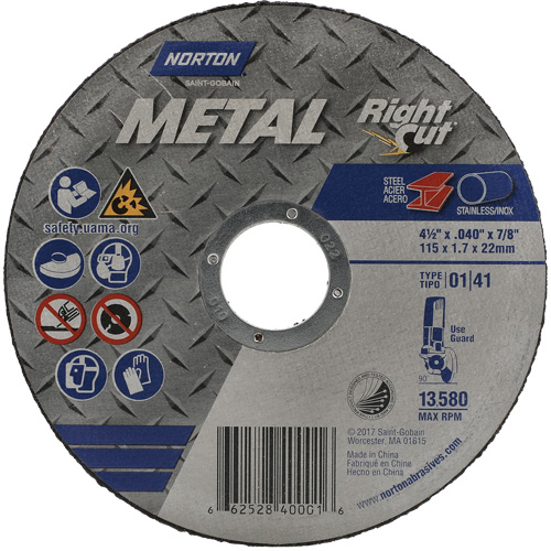Meule &agrave; tronçonner m&eacute;tallique pour coupe &agrave; angle droit RightCut, 4-1/2" x 0,045", Arbre de 7/8", Type 01/41, Oxyde d'aluminium, 13580 Tr/min Rideout Tool & Machine Inc.