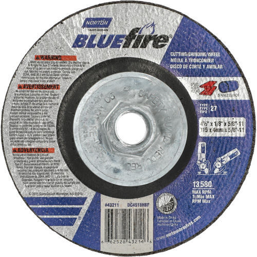 BlueFire Grinding & Cutting Wheel, 4-1/2" x 1/8", 5/8"-11 Arbor, Type 27, Zirconia Alumina Rideout Tool & Machine Inc.