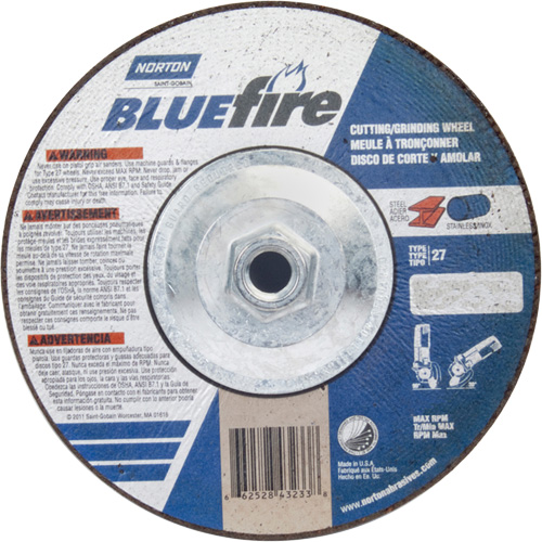 Disque de meulage et tronçonnage BlueFire, 7" x 1/8", Arbre de 5/8"-11, Type 27, Alumine de zirconium Rideout Tool & Machine Inc.
